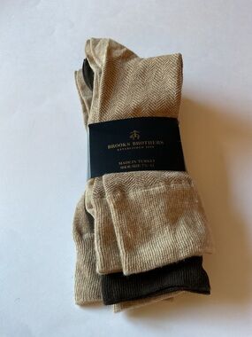 BROOKS BROTHERS MENS 3 PAIR MIXED PATTERN COTTON SOCKS BEIGE BROWN OS NWT
